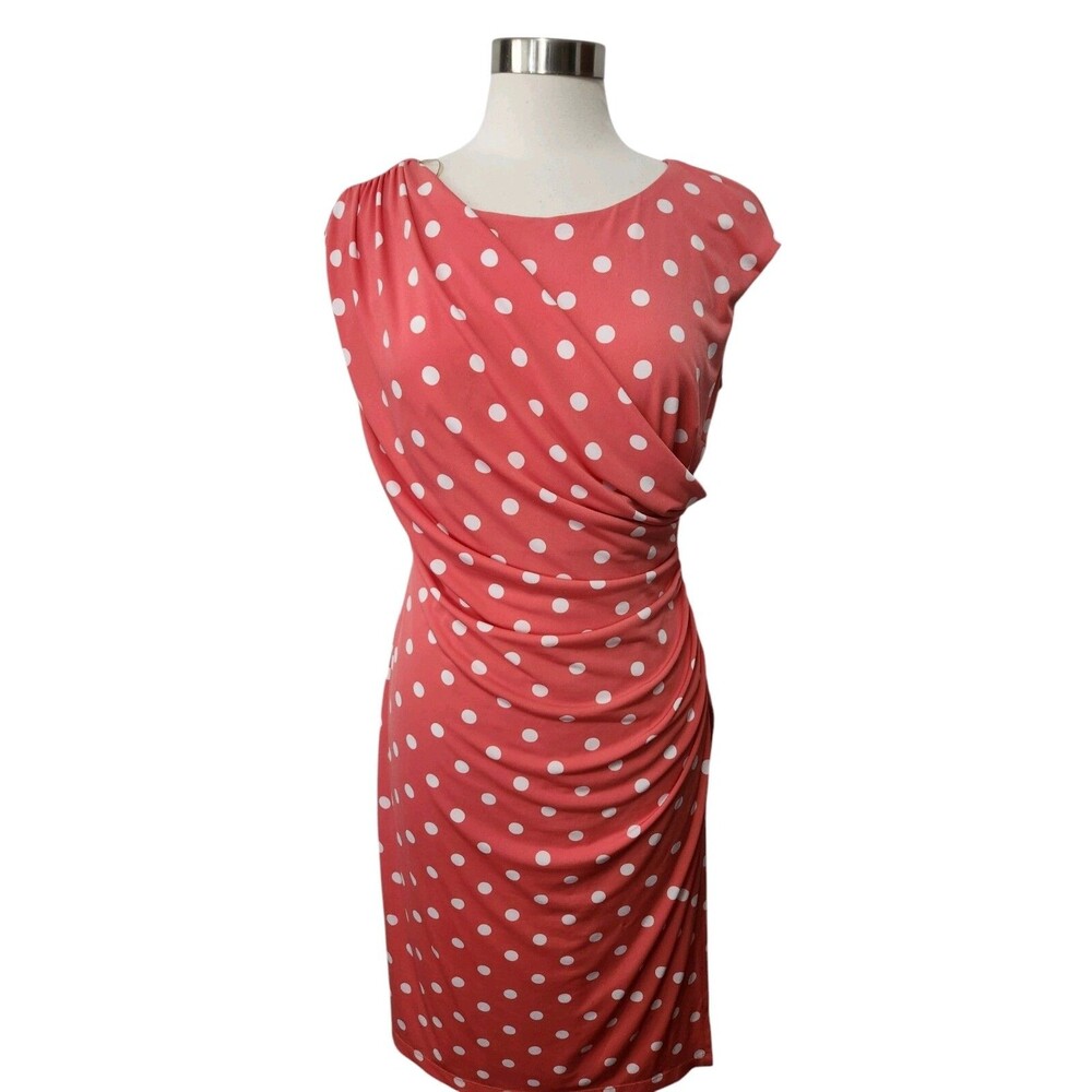 Covington Dress 12 Orange Coral Polka Dot Side Ruched Sleeveless Pullover Knit